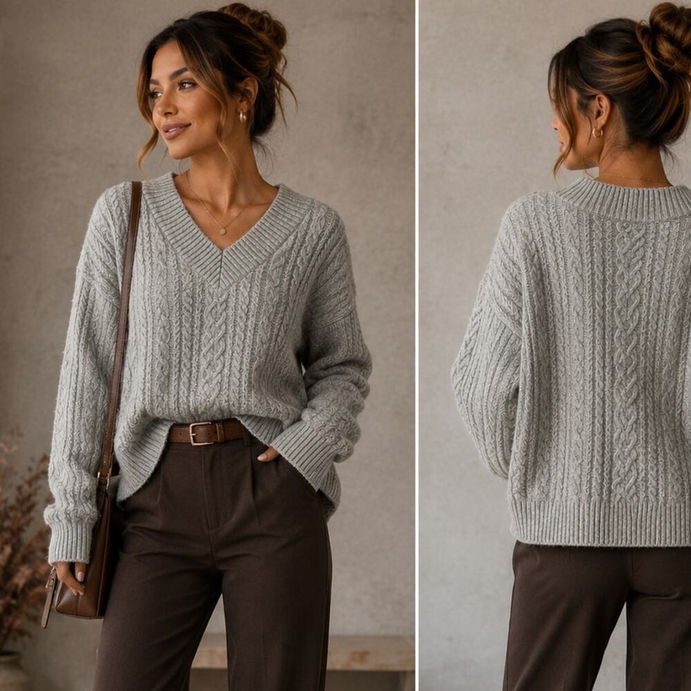 The Refinery Gray Chunky Cable Knit V-Neck Sweater Size Small